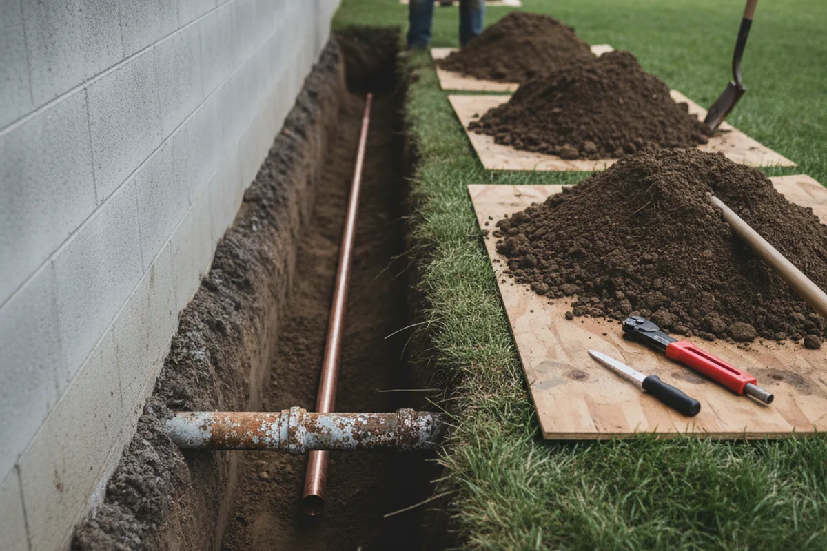 Excavated water line trench during Water Softener Installation in Mary Esther